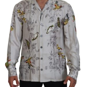 Elegant Silk Bird Print Casual Shirt