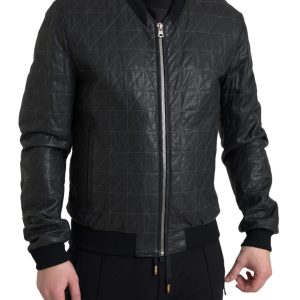 Elegant Black Leather Bomber Jacket