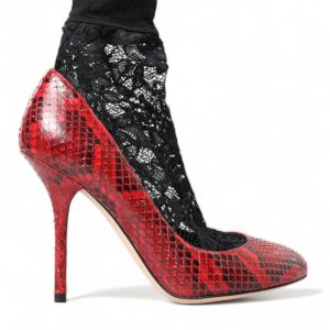 Red Almond Toe Snakeskin Pumps with Lace Socks