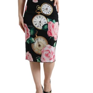 High Waist Silk Pencil Midi Skirt with Floral Print