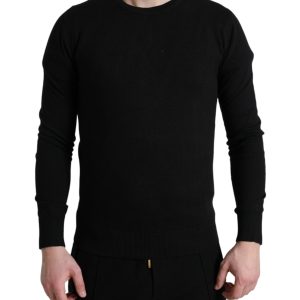 Elegant Black Cotton Crewneck Pullover Sweater
