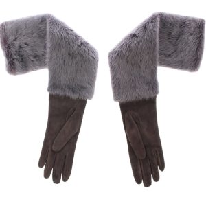 Elegant Gray Mink Fur Leather Elbow Gloves