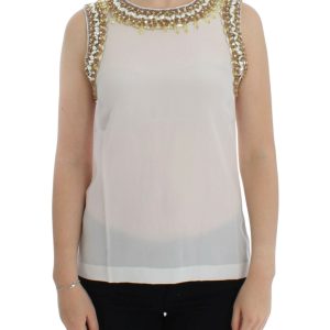 Elegant Sleeveless Silk Blouse with Crystal Embellishment
