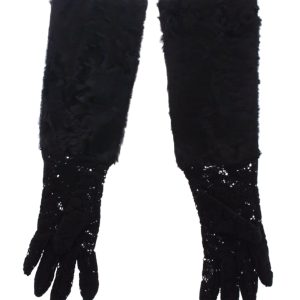 Black Wool Lace & Lamb Fur Elbow Gloves