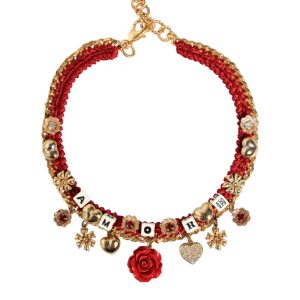 Gold Tone Choker Amore Red Floral Woven Charm Necklace